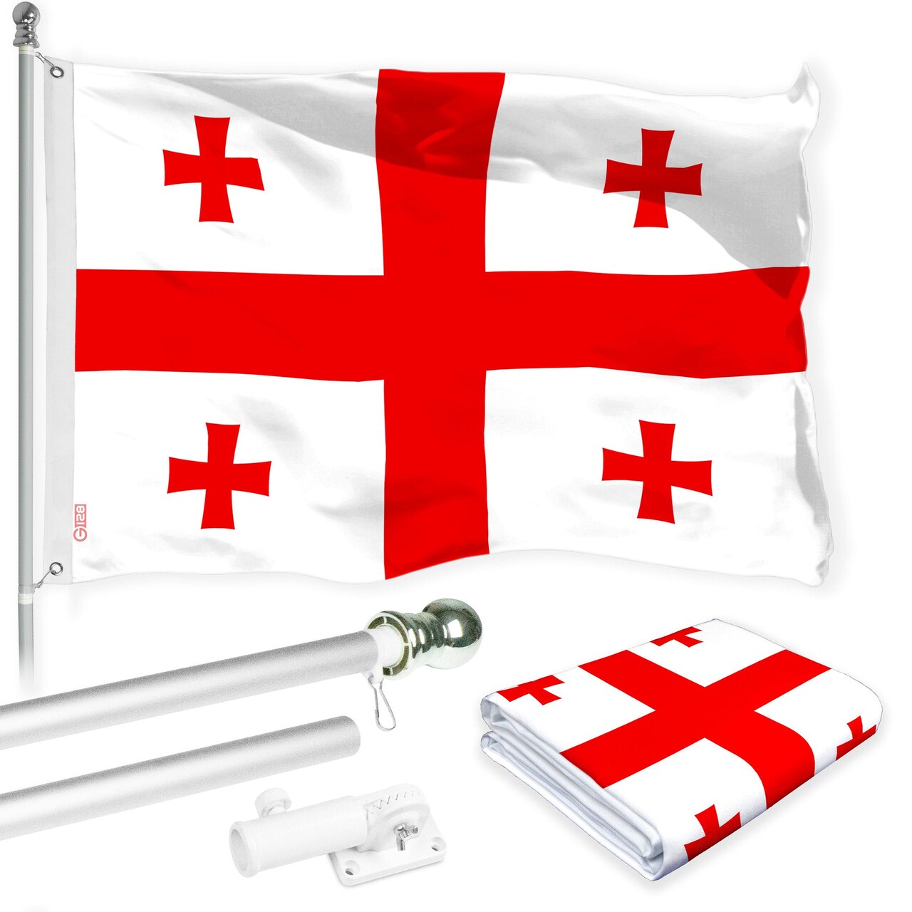 G128 Combo Pack: 6 Ft Tangle Free Aluminum Spinning Flagpole (Silver) & Georgia Georgian | 3x5 Ft | LiteWeave Pro Series Printed 150D Polyester | Pole with Flag Included